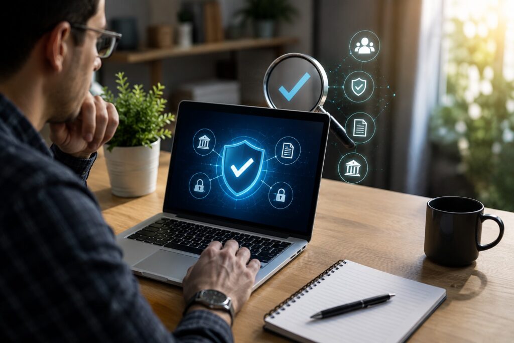 Man reviewing online platform legitimacy on laptop with security shield and verification symbols in modern office.