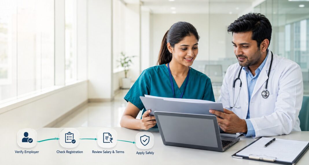 Seventhway - find premium jobs now How Healthcare Workers Can Find Better Jobs Indian healthcare professionals reviewing a job offer with a four-step career safety roadmap.