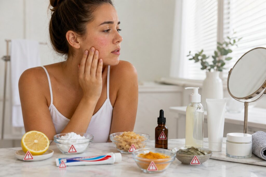 Woman with irritated facial skin in a bright bathroom beside lemon, baking soda, toothpaste, sugar scrub, essential oil, turmeric, and clay mask, showing DIY skincare ingredients that can harm the face.