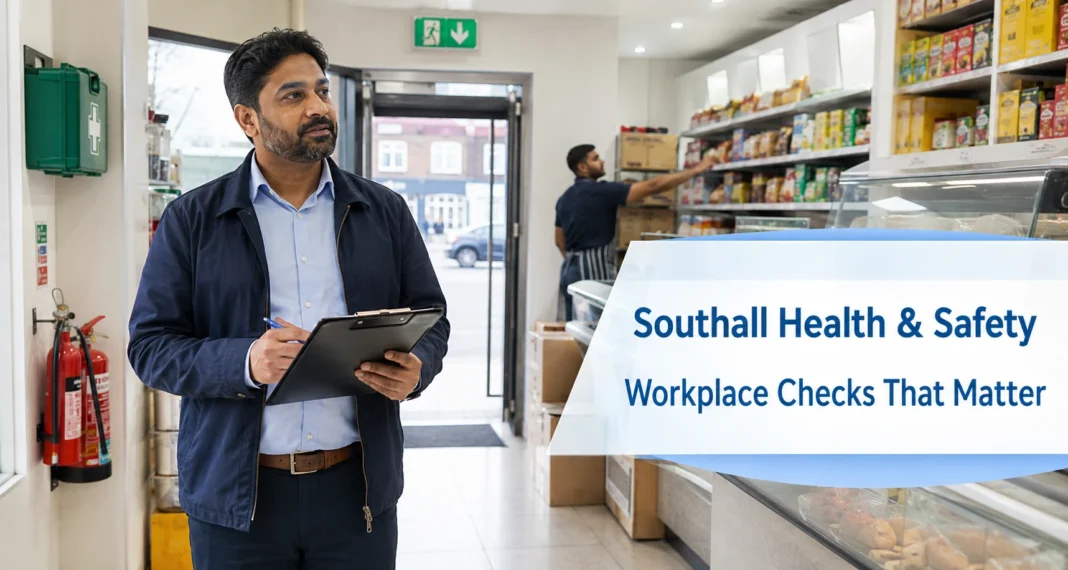 Business owner checking workplace safety in a Southall food shop with fire extinguisher, first aid box, clear exit, and organized shelves.