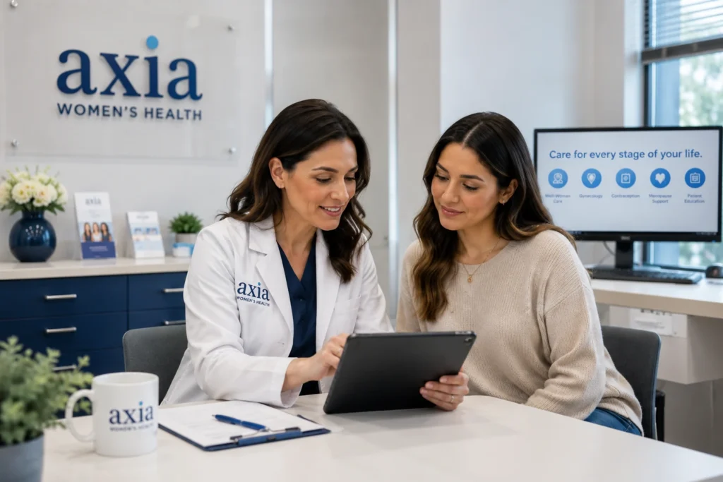 Axia Women’s Health provider discussing care options with a patient during a clinic consultation.