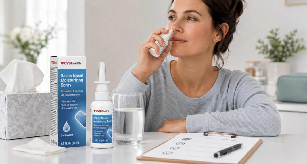 CVS Health Saline Nasal Moisturizing Spray Uses Benefits Side Effects and Reviews Woman using CVS Health Saline Nasal Moisturizing Spray beside a checklist of uses, ingredients, safety, side effects, and reviews