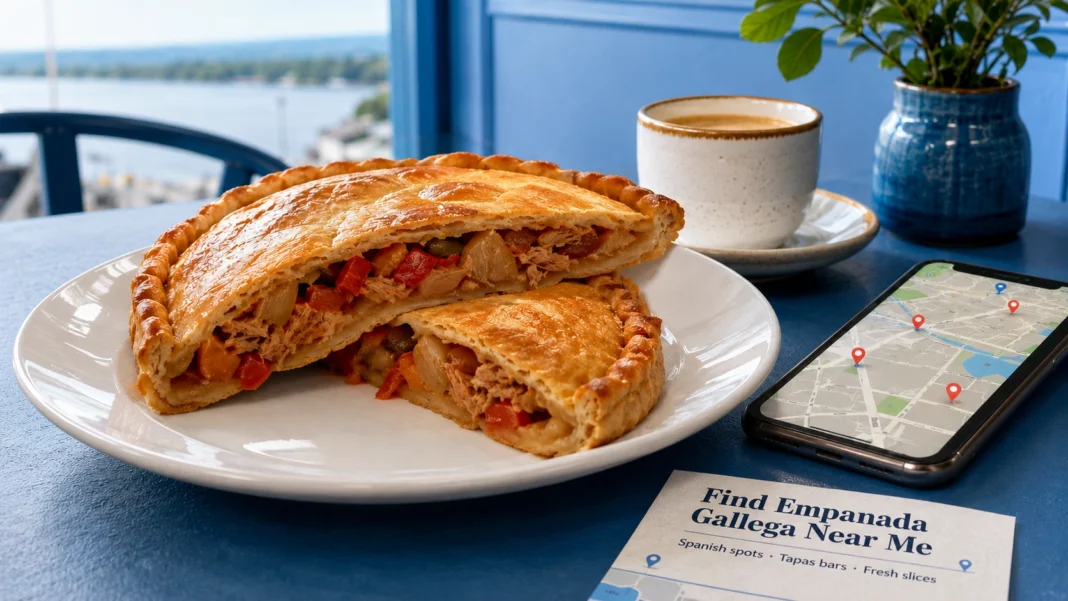 Empanada Gallega Near Me Local Search Guide Fresh empanada gallega near me served with a map search on a blue restaurant table