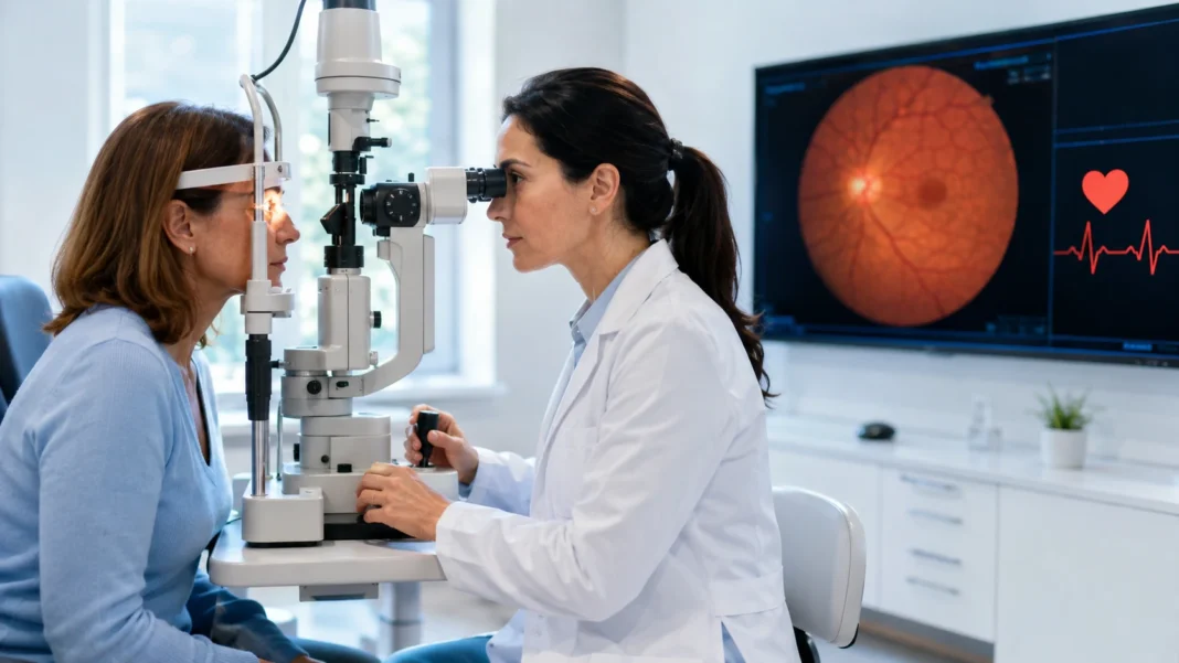 Can Eye Exams Help Prevent a Heart Attack? Eye doctor performing an eye exam with retina scan and heart health monitor showing cardiovascular risk connection