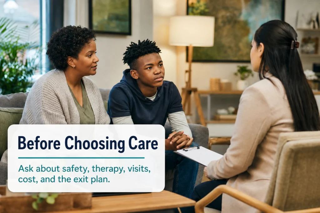 Parent and teen speaking with a behavioral health counselor during a family support session.