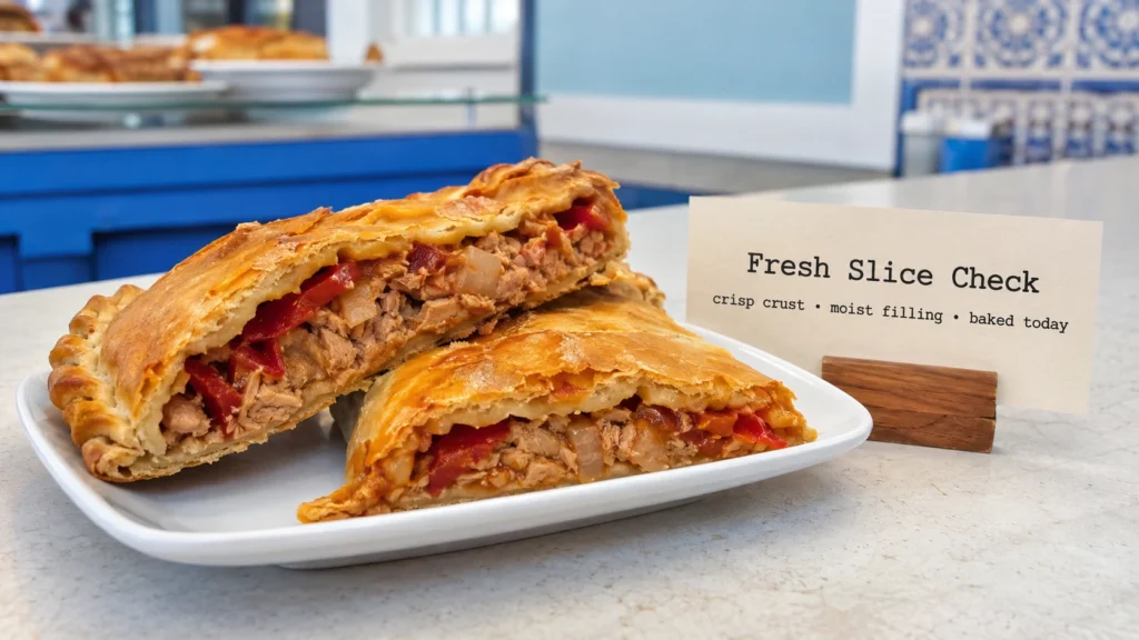 Fresh empanada gallega slices with tuna pepper filling and crisp golden crust