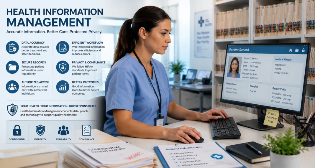 Healthcare professional managing secure patient records with data accuracy, privacy, authorised access, and compliance information.
