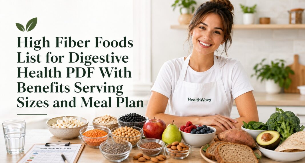 High fiber foods for digestive health with meal plan foods and a healthy woman in kitchen