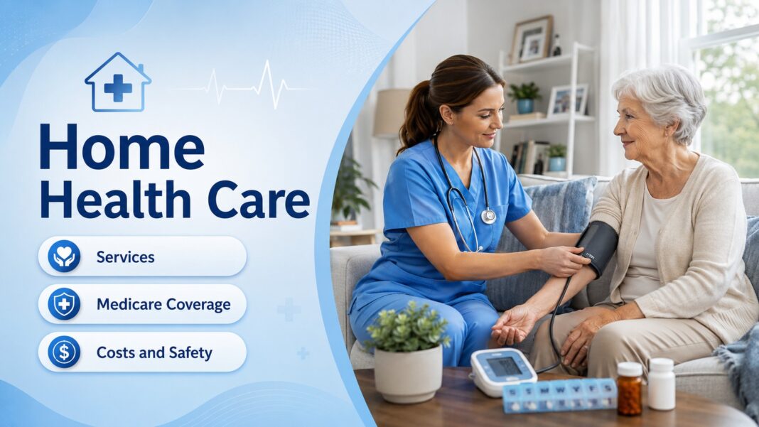 Home Health Care Services Medicare Coverage Costs and Safety Home health nurse checking an older woman’s blood pressure at home with information about services Medicare coverage costs and safety.