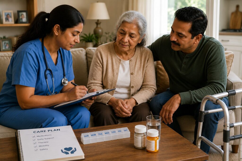 Home health nurse reviewing medications and daily care needs with an older patient and her family member