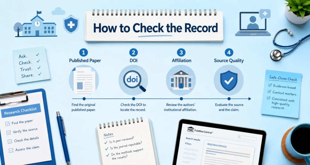 Blue health research checklist graphic showing steps to verify a published paper, DOI, affiliation, and source quality for a health article.