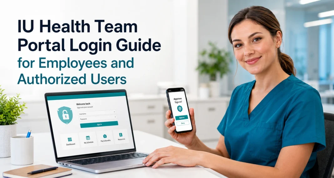 Healthcare employee using the IU Health Team Portal login with mobile authentication approval