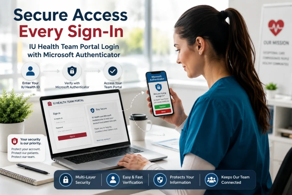 Healthcare employee accessing the IU Health Team Portal with Microsoft Authenticator verification on a mobile phone