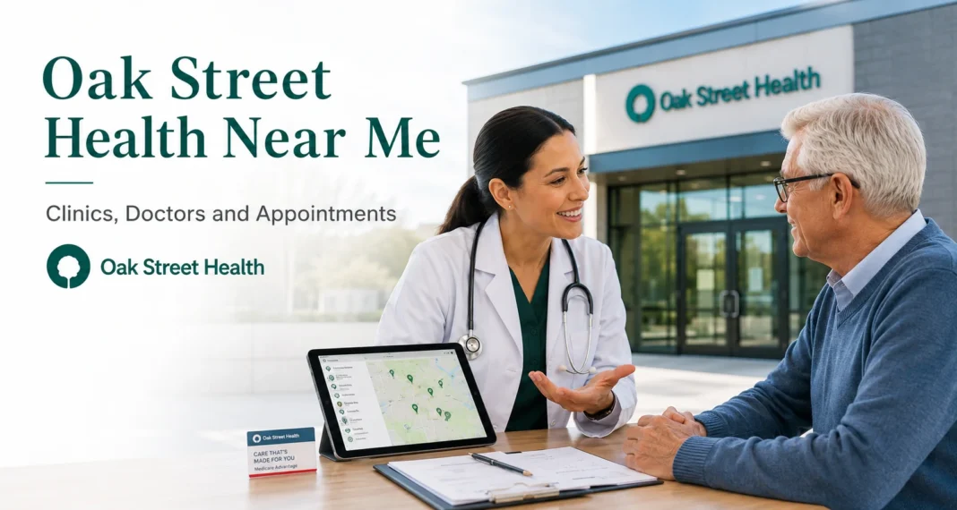 Doctor speaking with an older Medicare patient outside an Oak Street Health clinic while reviewing nearby locations on a tablet.
