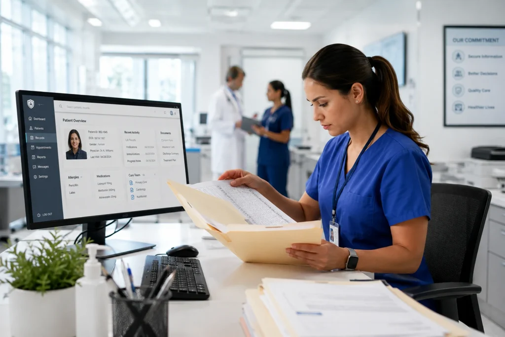 Healthcare professional comparing paper and electronic patient records to check medical information for accuracy.