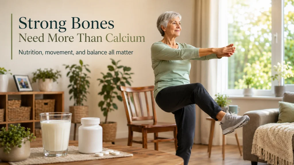 Older woman doing balance exercise at home with milk and calcium supplements on a nearby table.