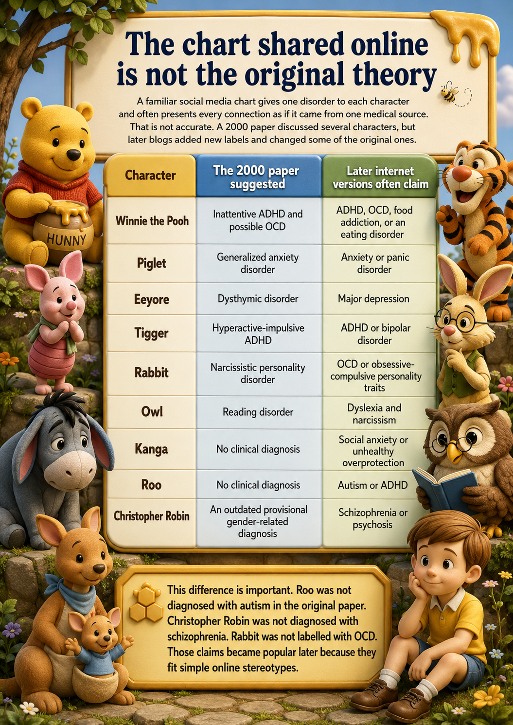 Pooh Bear characters mental illness theory infographic comparing the 2000 paper with later internet claims