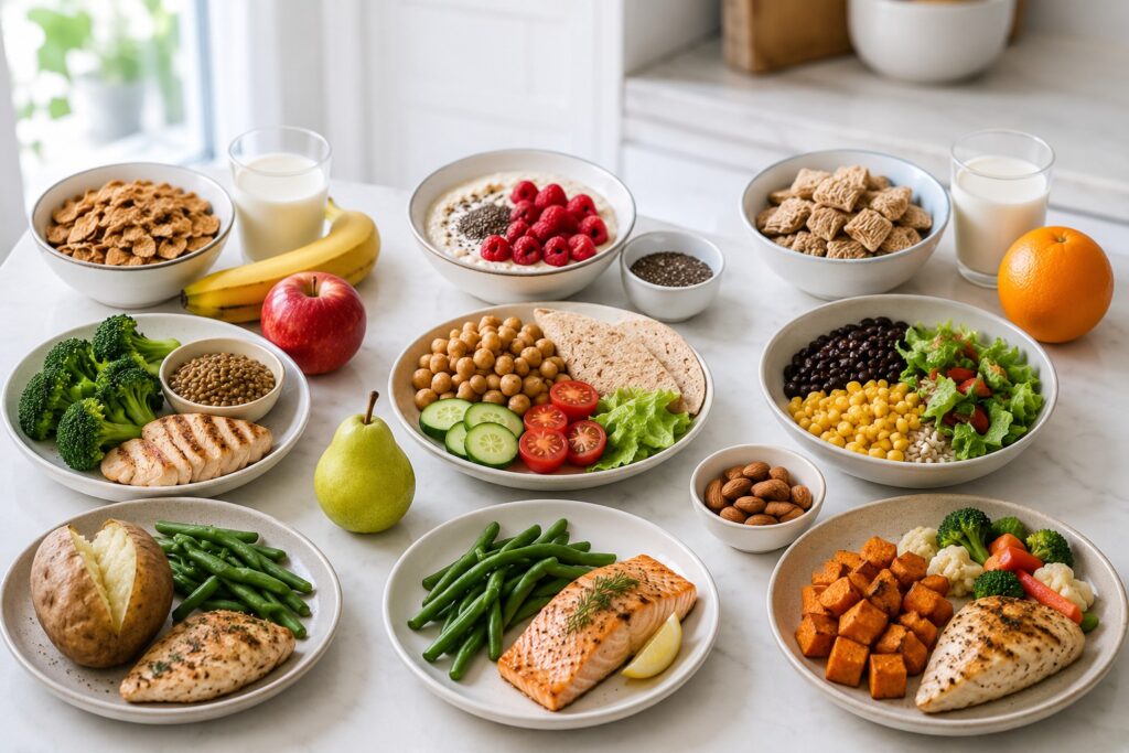 Three day high fiber meal plan with bran flakes, banana, lentils, broccoli, apple, baked potato, yogurt, chia seeds, raspberries, chickpeas, pear, black beans, corn, almonds, and sweet potato for digestive health