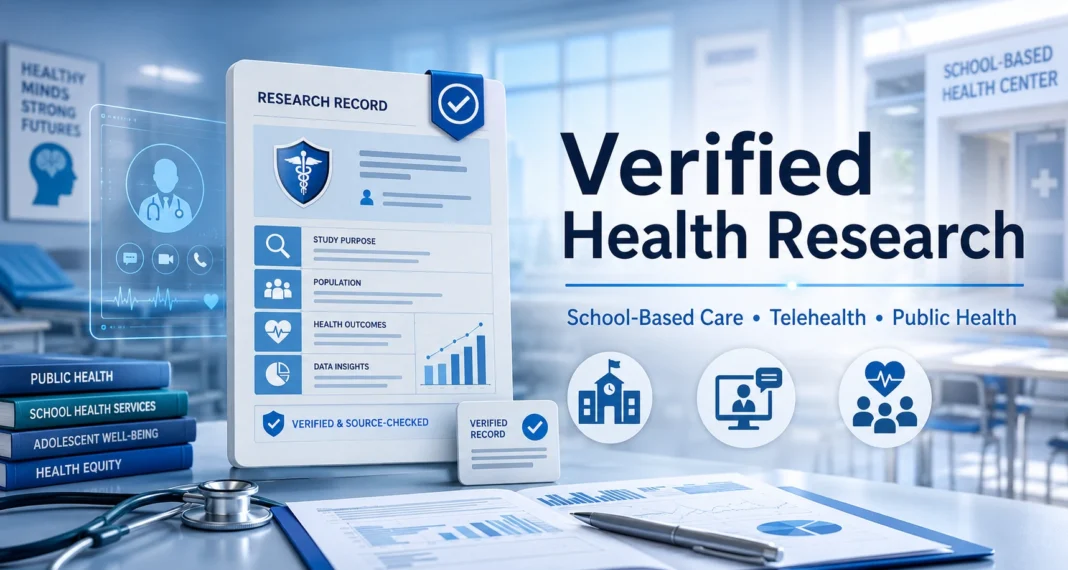 Cinematic blue health research graphic showing a verified research record, school-based health center theme, telehealth icons, and public health data visuals.