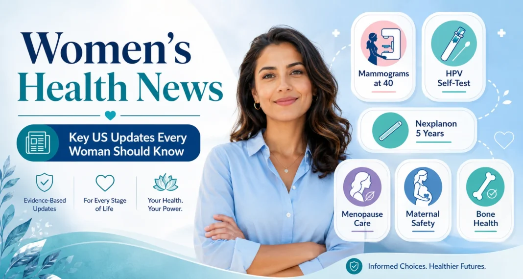 Infographic showing key women’s health updates on mammograms, HPV self-testing, Nexplanon, menopause care, pregnancy RSV protection, maternal safety, bone health, and endometriosis.