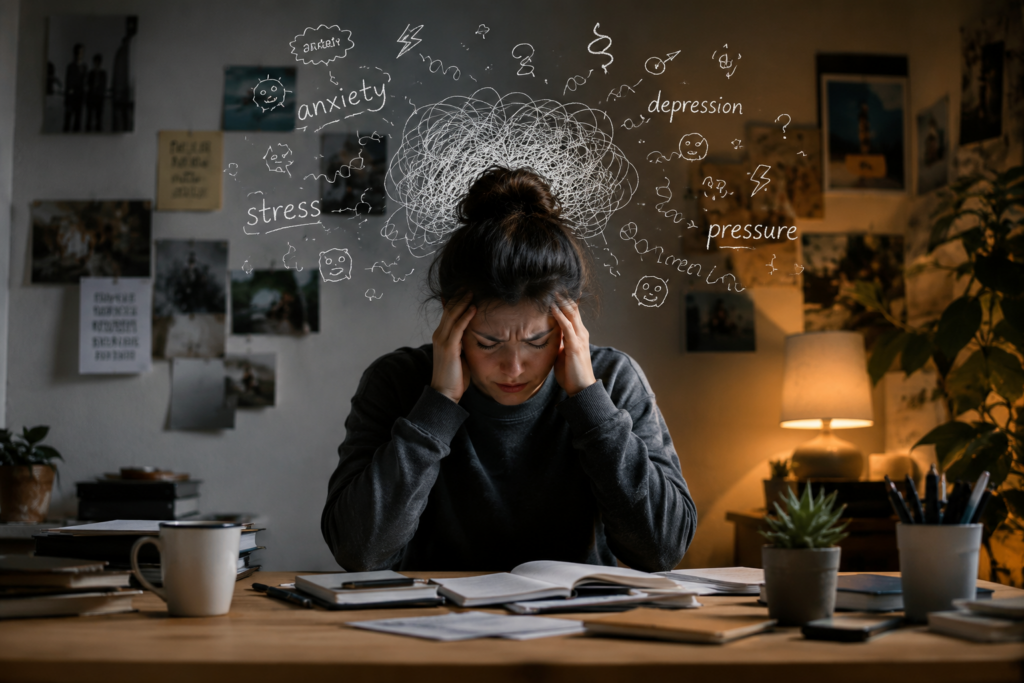Young woman feeling overwhelmed by stress anxiety and negative thoughts