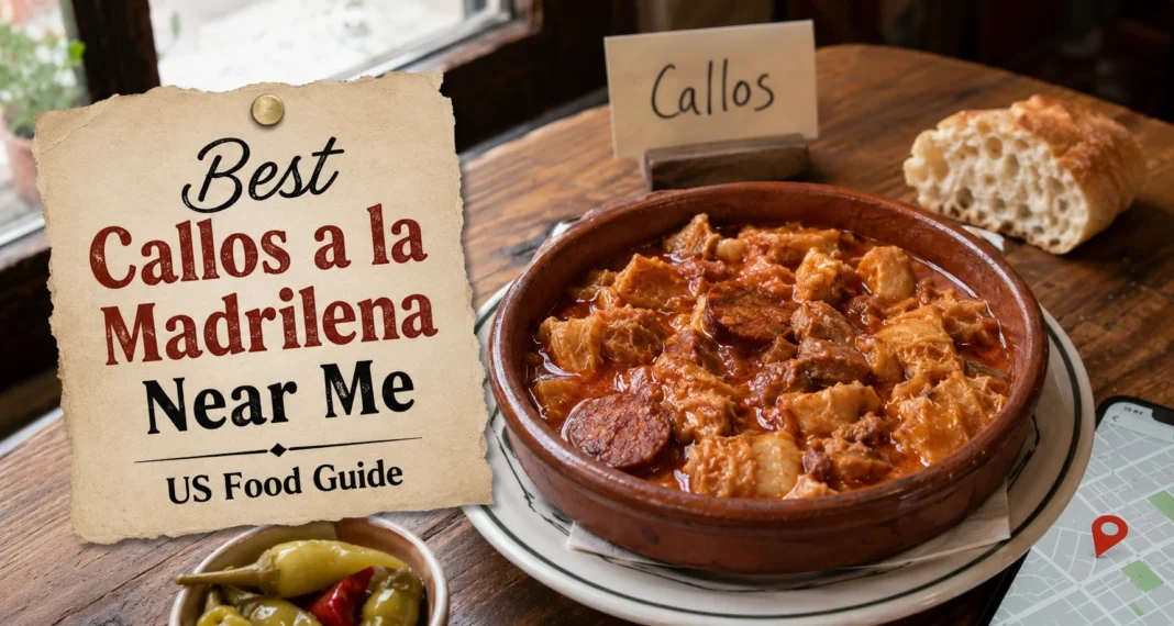 Clay bowl of Callos a la Madrilena with chorizo, tripe, bread, pickles, and map search for best callos a la madrilena near me in the US.