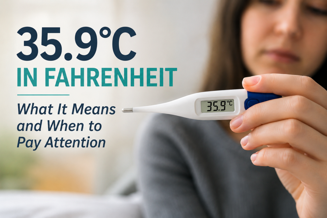 Digital thermometer showing 35.9°C with a woman in the background, illustrating 35.9 C to F body temperature conversion.