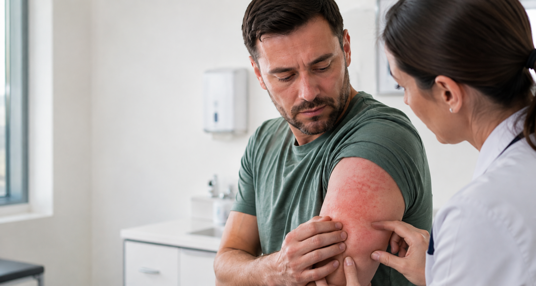 Doctor examines a red skin rash on a patient’s arm after a possible allergic reaction to bullet material.