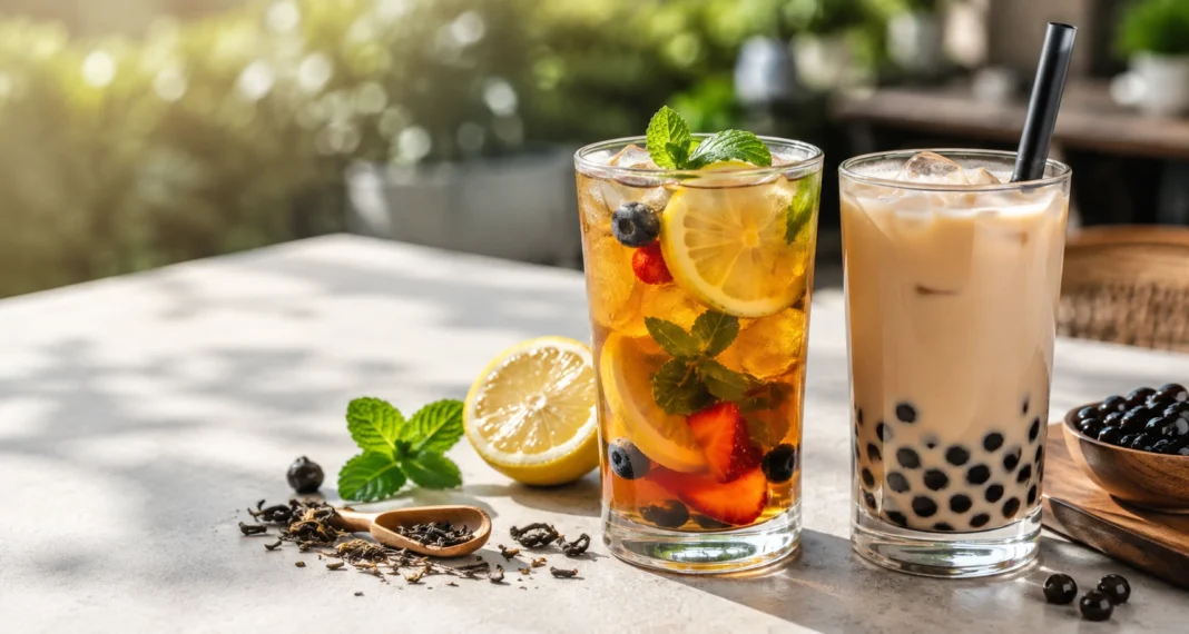 Close-up of a fruit tea and a bubble tea on an outdoor table with lemon, mint, berries, loose tea leaves, and tapioca pearls in natural sunlight.
