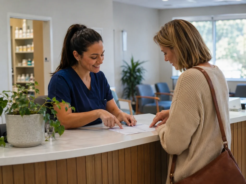 Clinic staff member explaining appointment details to a patient at a healthcare reception desk.