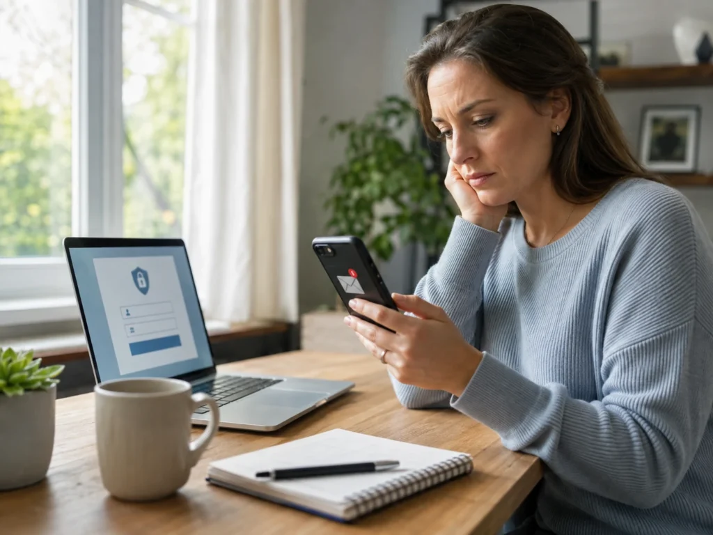 Woman checking her phone after a My Health Online security code does not arrive