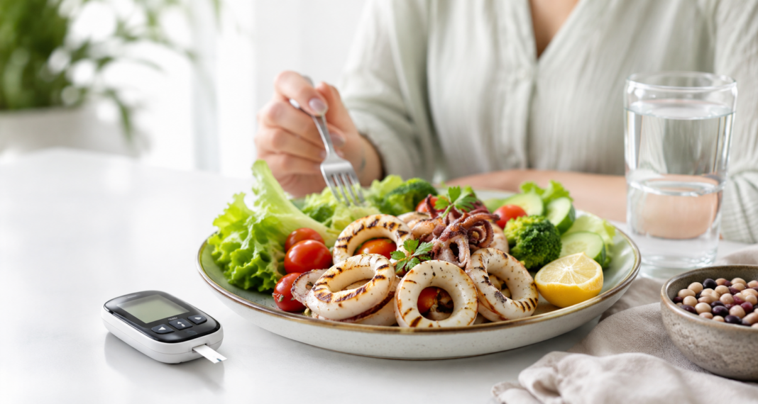 Grilled squid with fresh vegetables, glucose meter, and low-carb nutrition notes for squid glycemic index and blood sugar.