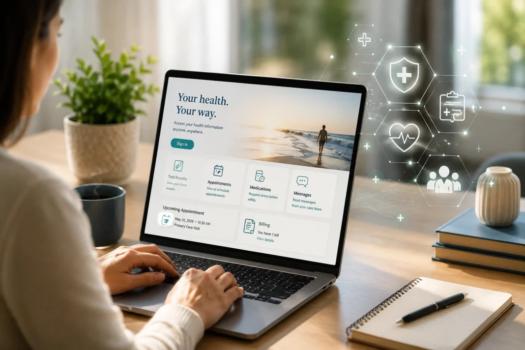 Woman using a secure online health portal on a laptop to view appointments, test results, prescriptions, messages, and medical bills.
