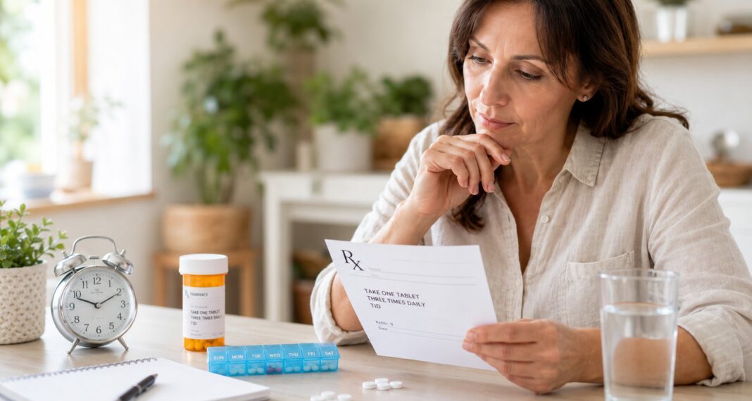 TID Medical Abbreviation Meaning in Prescriptions and Dosage Timing Woman reviews TID prescription instructions beside a pill bottle, weekly organizer, clock, and glass of water.