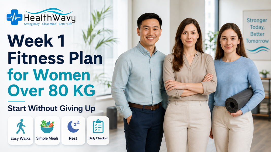 HealthWavy Week 1 fitness plan for women over 80 KG with four wellness experts standing together in a modern fitness studio.