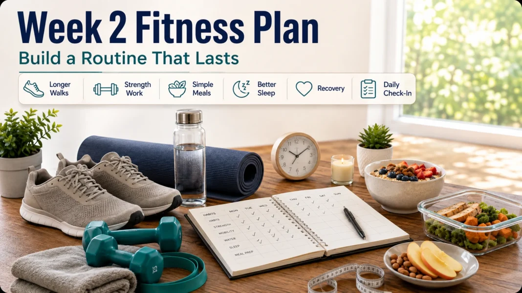 Week 2 fitness plan with walking shoes, strength equipment, healthy meals, sleep support, recovery, and daily check-in planner.