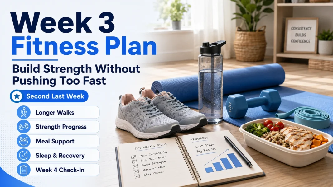 Week 3 fitness plan with walking shoes, dumbbells, healthy meal prep, sleep and recovery support, and a Week 4 progress check-in.