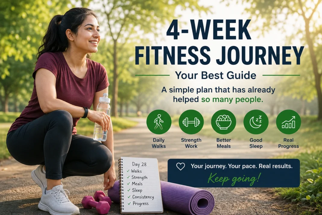 Four-week fitness journey with daily walks, strength work, healthy meals, sleep, recovery, and Day 28 progress tracking.
