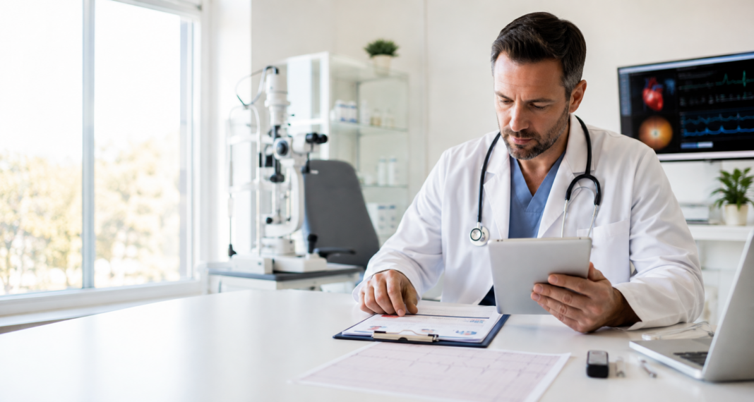 Doctor reviewing a medical chart and tablet in a bright clinic, representing PPM meanings in cardiology, lab records, and medical reports.