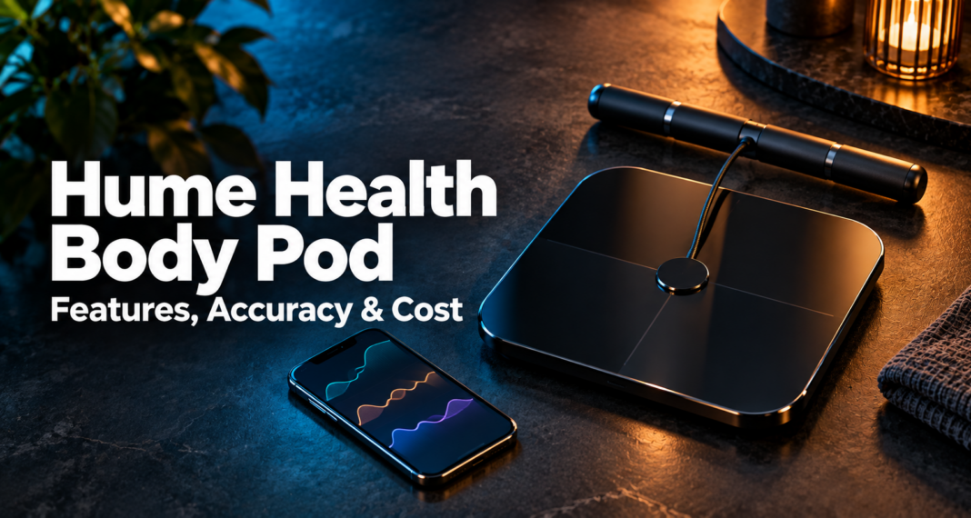 Black body composition scale with a handheld sensor and smartphone beside the headline “Hume Health Body Pod.