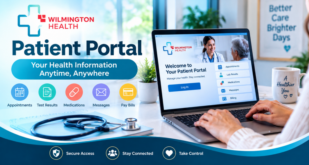 Wilmington Health Patient Portal Login and Patient Services The screen displays appointments, lab results, medications, messages, and billing options, with medical icons, a stethoscope, and a bright healthcare setting in the background.