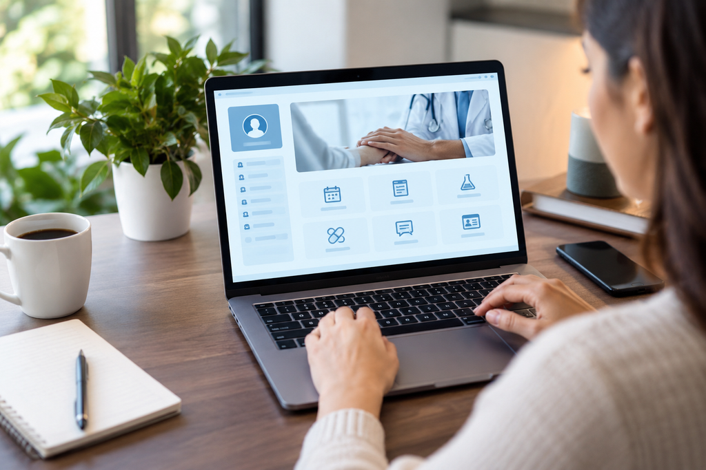 Patient using the Wilmington Health Patient Portal on a laptop to access appointments, test results, medications, messages, and billing services.
