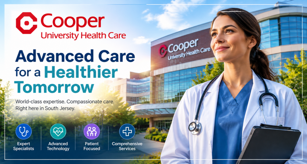 Cooper University Health Care modern healthcare facility with a physician and advanced medical care message