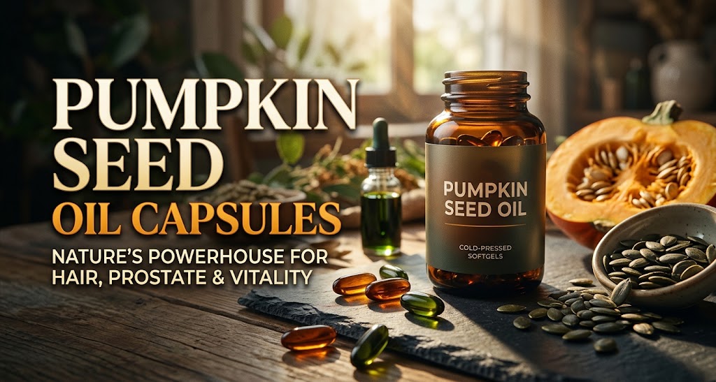 An amber glass bottle labeled 'Pumpkin Seed Oil' sitting on a slate board next to dark green and orange softgel capsules, loose pumpkin seeds, and a cut-open pumpkin, with natural kitchen light and overlay text reading 'Pumpkin Seed Oil Capsules: Nature's Powerhouse for Hair, Prostate & Vitality'.