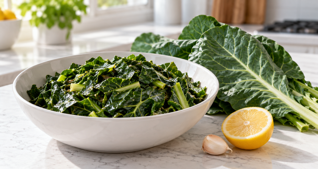 Cooked and Fresh Collard Greens Cooked collard greens in a white bowl beside fresh collard leaves, lemon and garlic