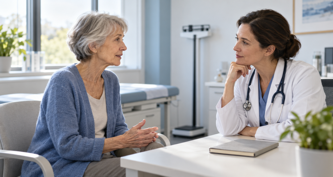 Older woman discusses unexplained weight loss with a clinician in a bright consultation room