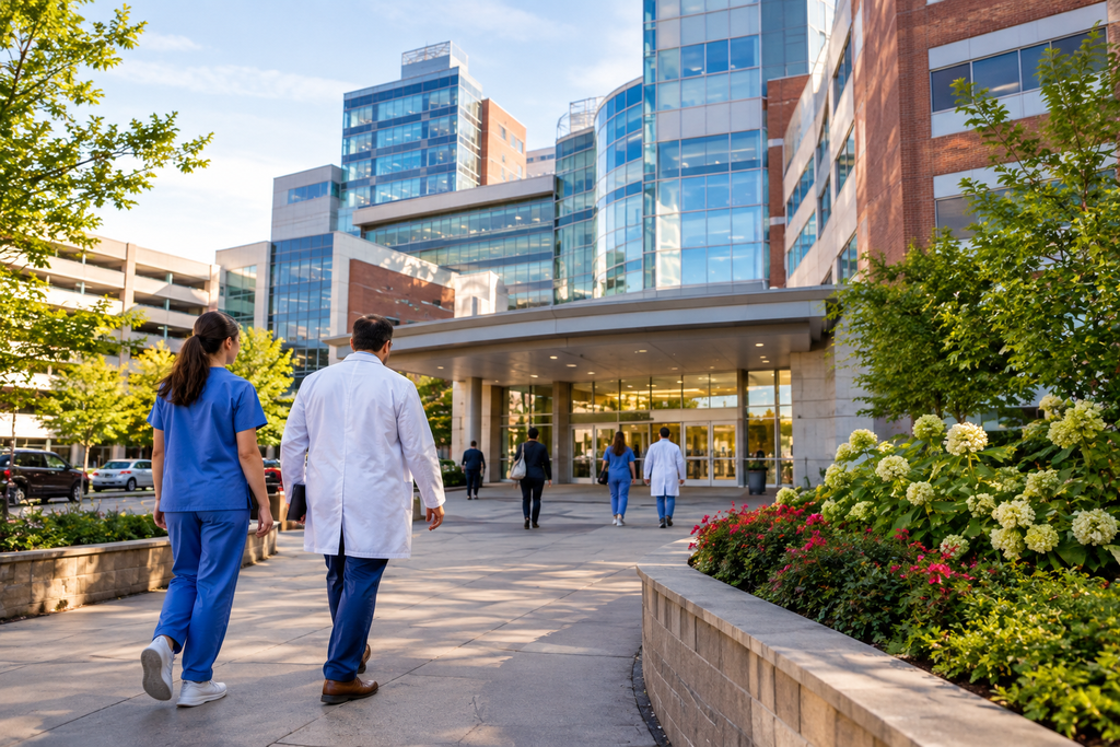 Cooper University Health Care hospital campus with doctors and medical staff walking toward the entrance