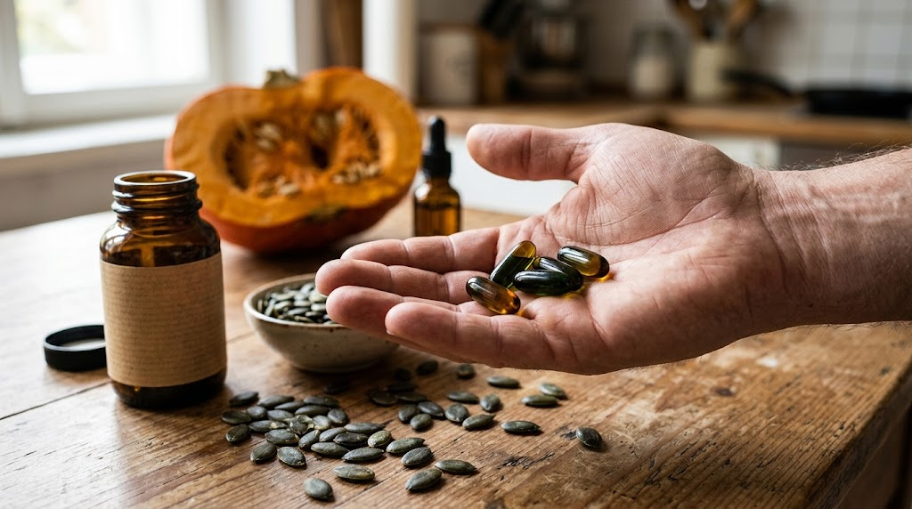 A close-up of a person's open hand holding several dark, translucent pumpkin seed oil softgel capsules over a worn wooden kitchen table. In the background, an amber glass supplement bottle, a bowl and scattered pile of dark green pumpkin seeds, a dropper bottle, and a cut-open orange pumpkin are visible in soft focus.