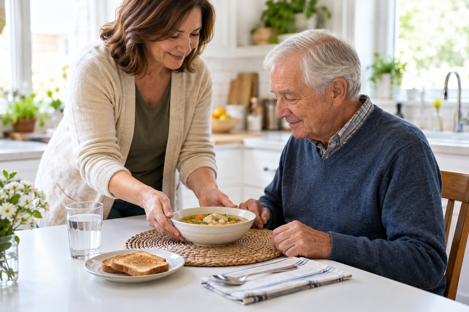 Family member serves soup to an older adult at a bright kitchen table